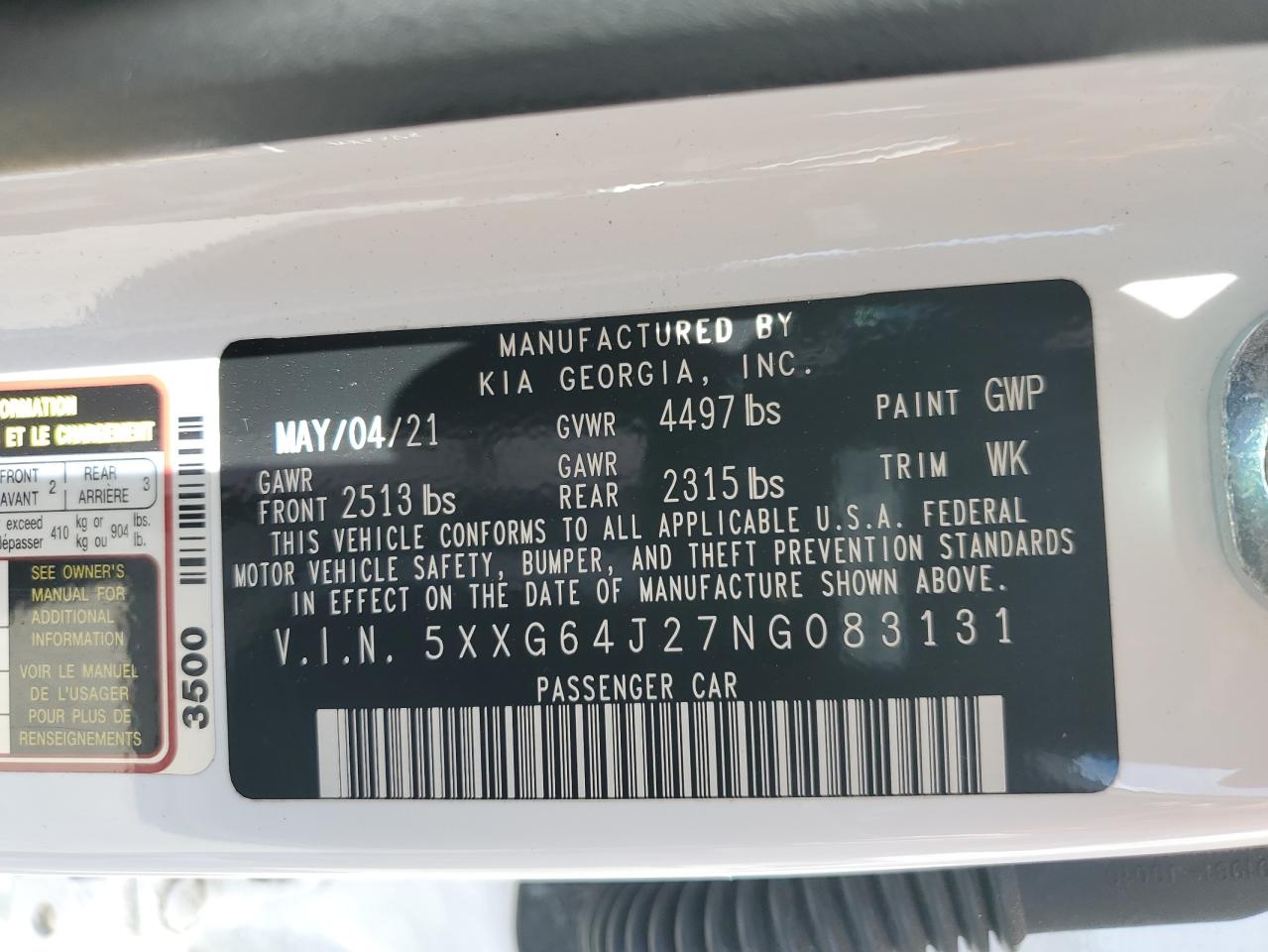 2022 KIA K5 GT LINE VIN:5XXG64J27NG083131