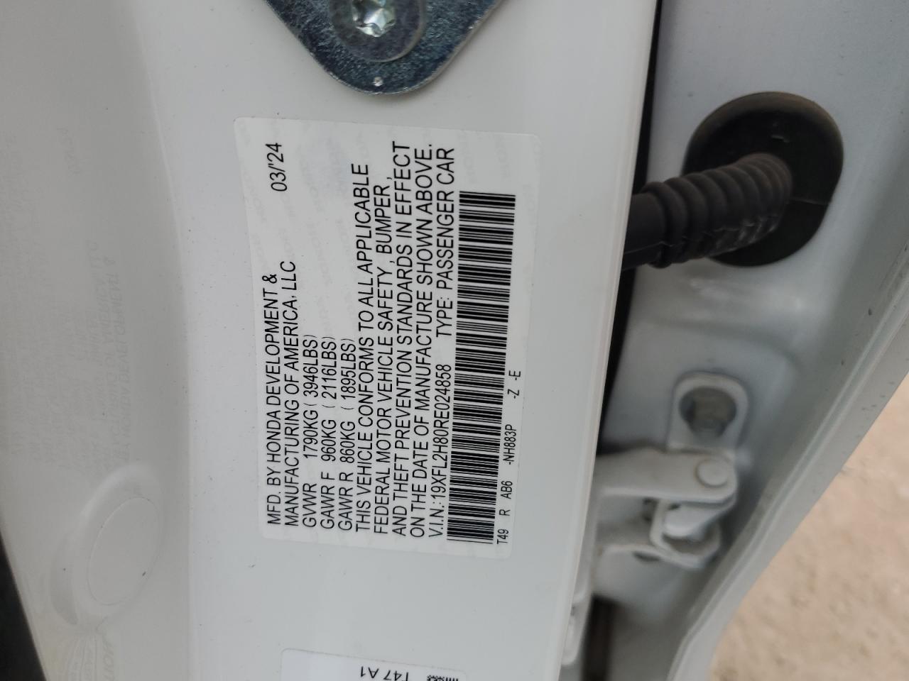 2024 HONDA CIVIC SPORT VIN:19XFL2H80RE024858