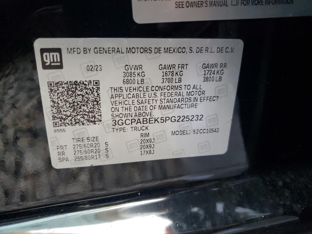 2023 CHEVROLET SILVERADO C1500 CUSTOM VIN:3GCPABEK5PG225232