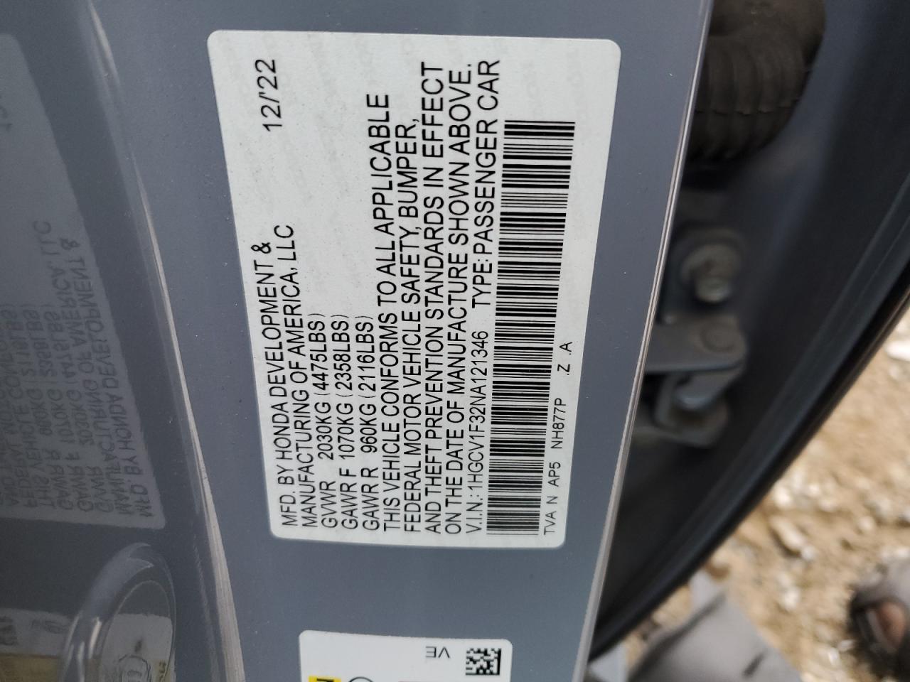 2022 HONDA ACCORD SPORT VIN:1HGCV1F32NA121346