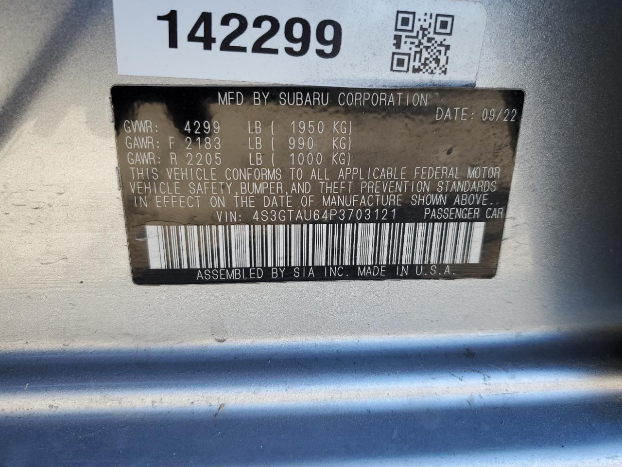 2023 SUBARU IMPREZA LIMITED VIN:4S3GTAU64P3703121