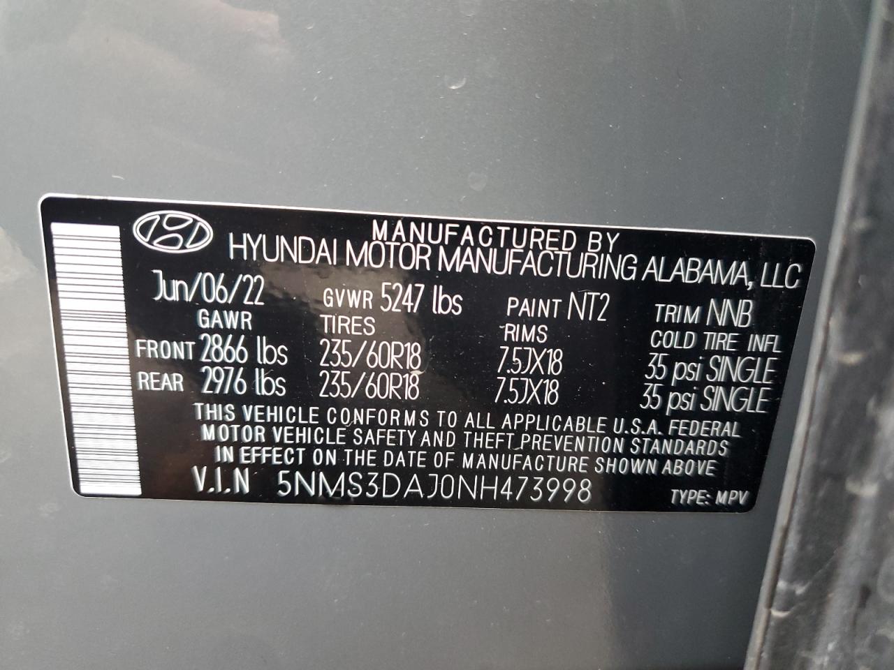 2022 HYUNDAI SANTA FE SEL VIN:5NMS3DAJ0NH473998