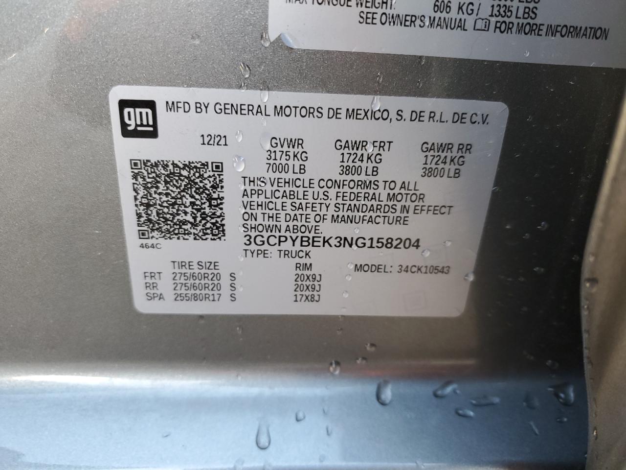 2022 CHEVROLET SILVERADO LTD K1500 CUSTOM VIN:3GCPYBEK3NG158204