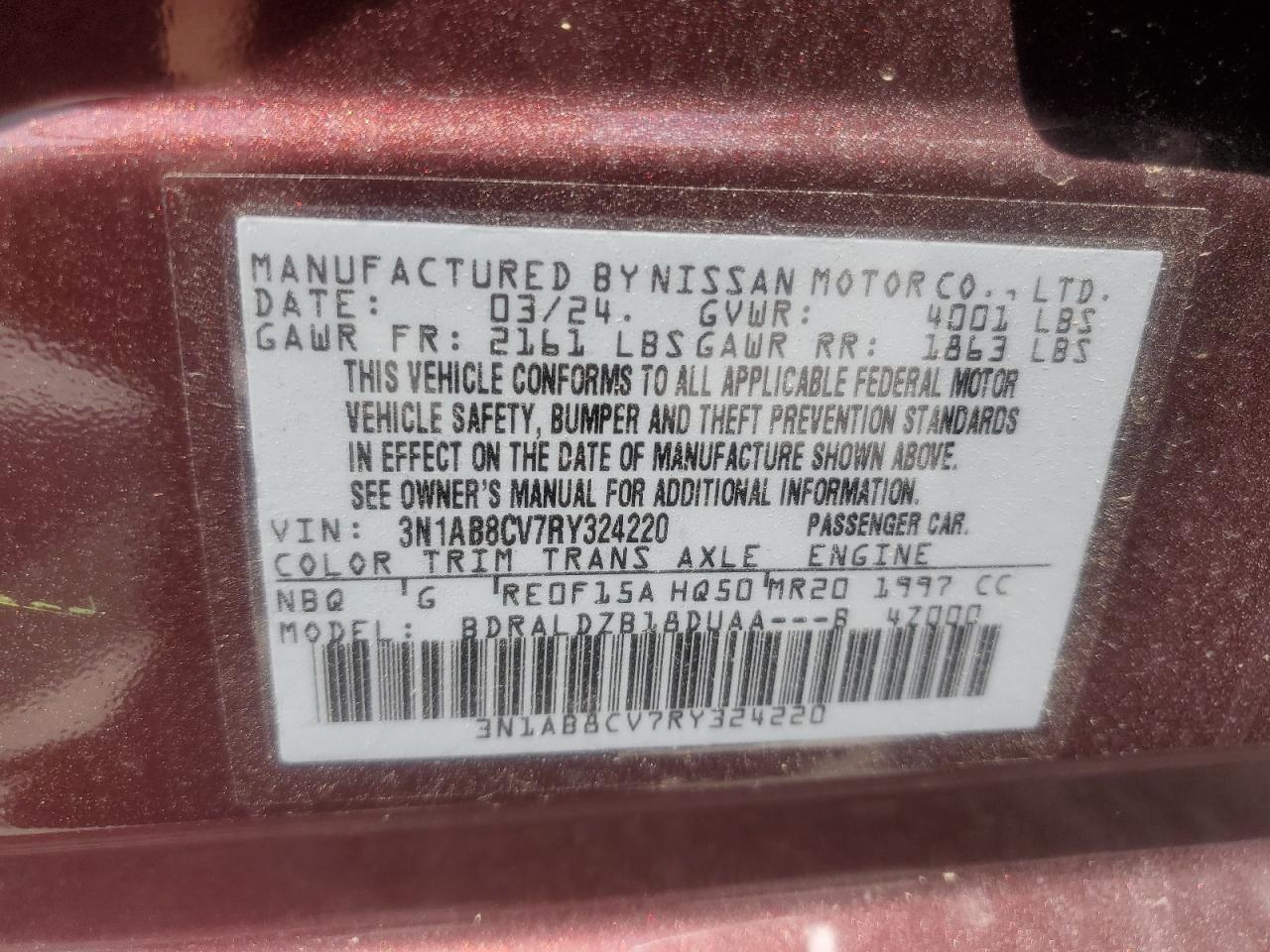 2024 NISSAN SENTRA SV VIN:3N1AB8CV7RY324220