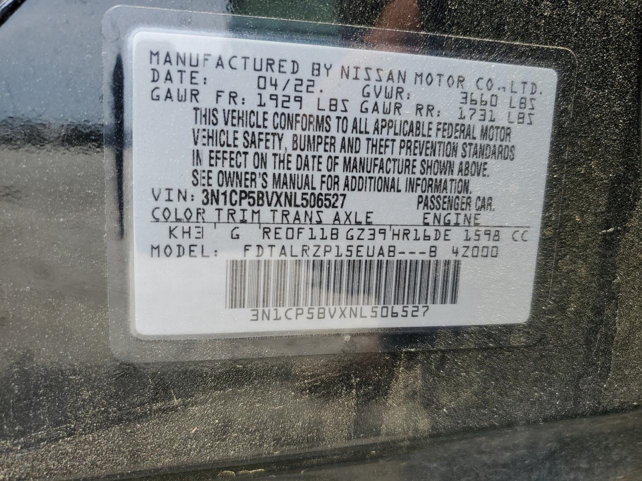 2022 NISSAN KICKS S VIN:3N1CP5BVXNL506527