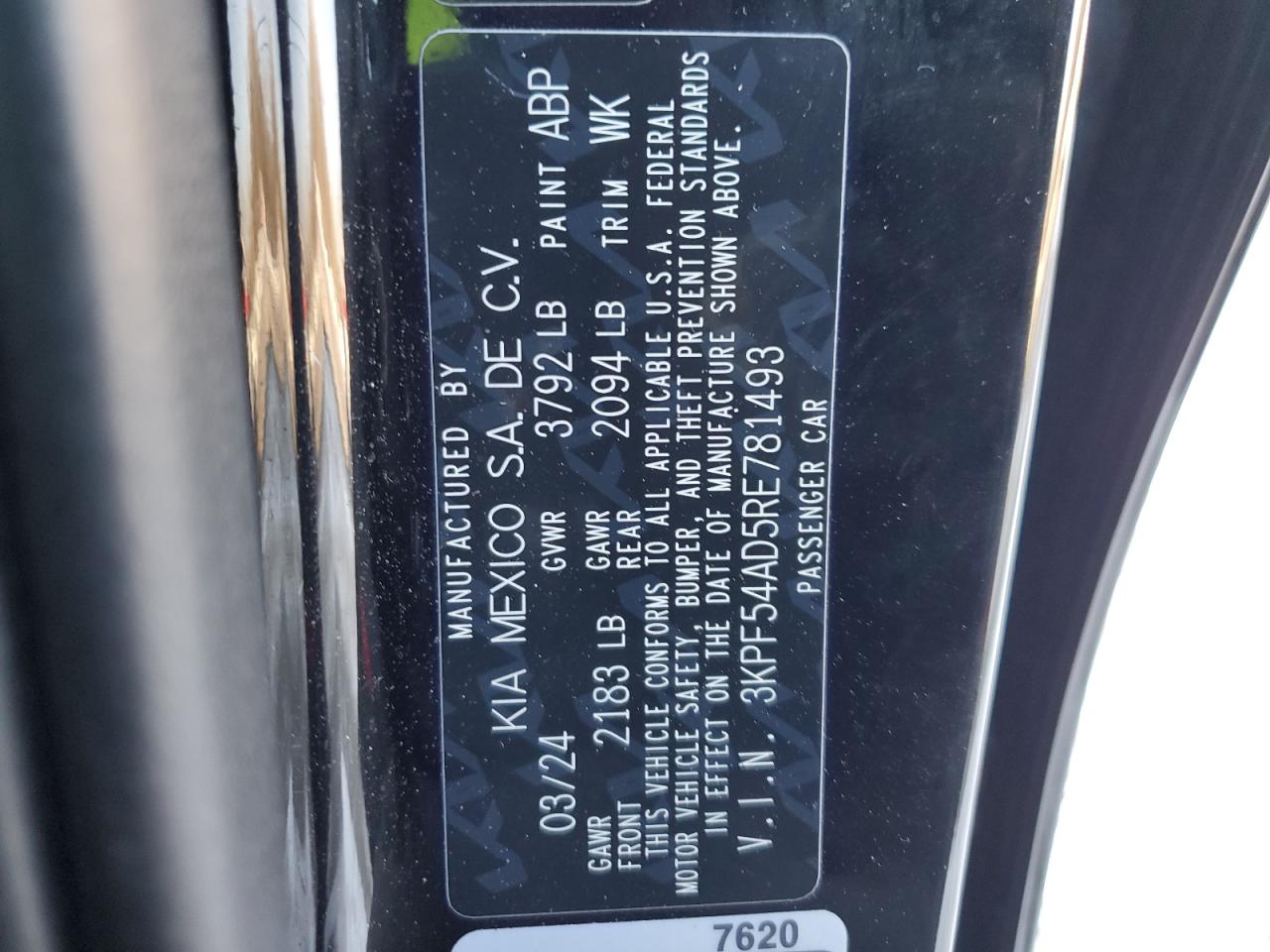 2024 KIA FORTE GT LINE VIN:3KPF54AD5RE781493