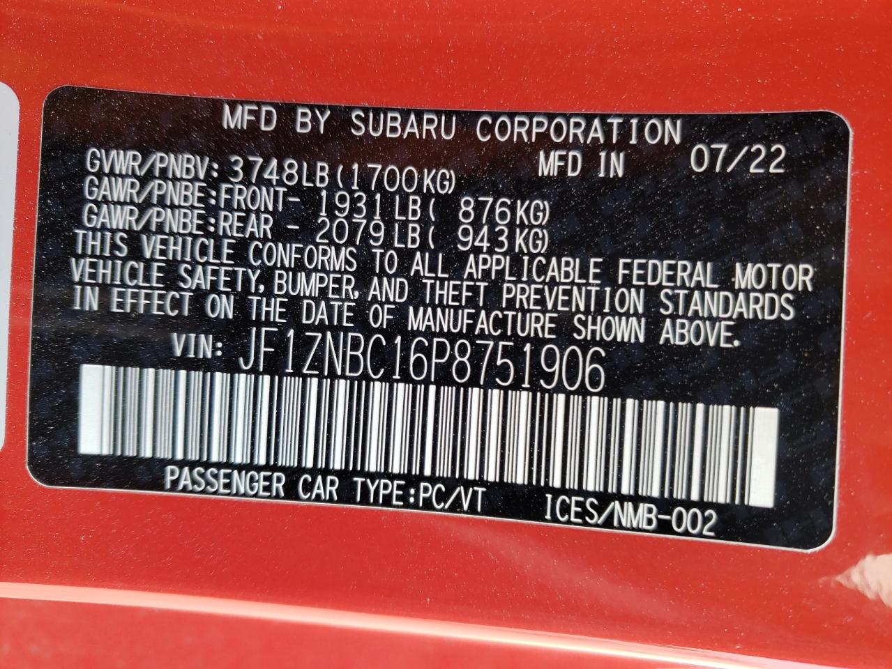 2023 TOYOTA GR 86  VIN:JF1ZNBC16P8751906