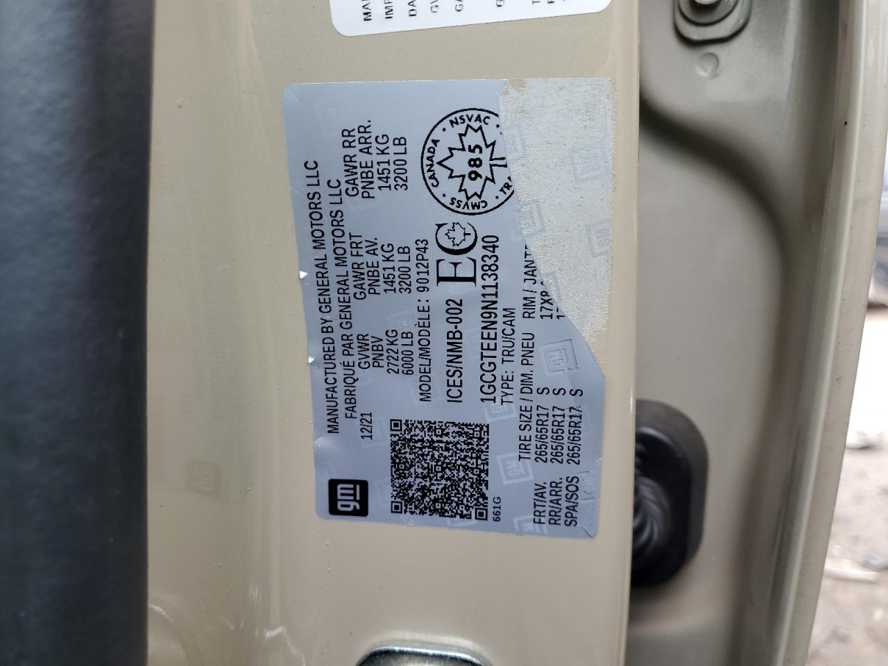 2022 CHEVROLET COLORADO ZR2 VIN:1GCGTEEN9N1138340