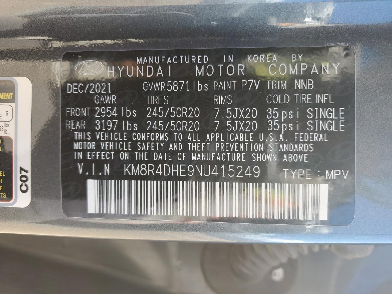 2022 HYUNDAI PALISADE SEL VIN:KM8R4DHE9NU415249