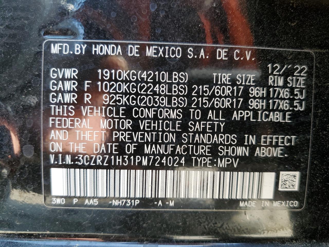 2023 HONDA HR-V LX VIN:3CZRZ1H31PM724024