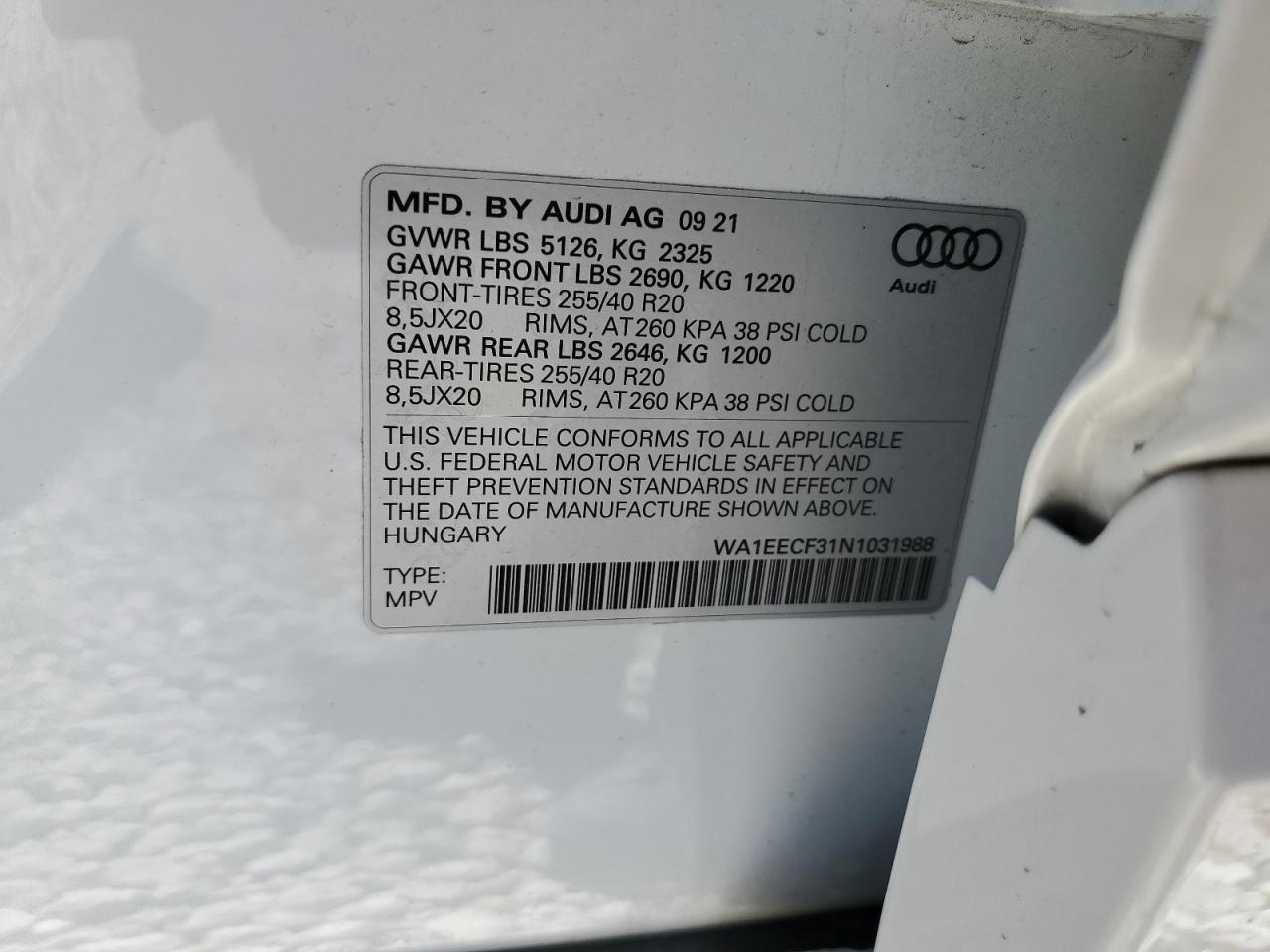 2022 AUDI Q3 PREMIUM PLUS S LINE 45 VIN:WA1EECF31N1031988