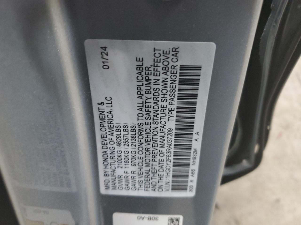 2024 HONDA ACCORD HYBRID EXL VIN:1HGCY2F63RA037209
