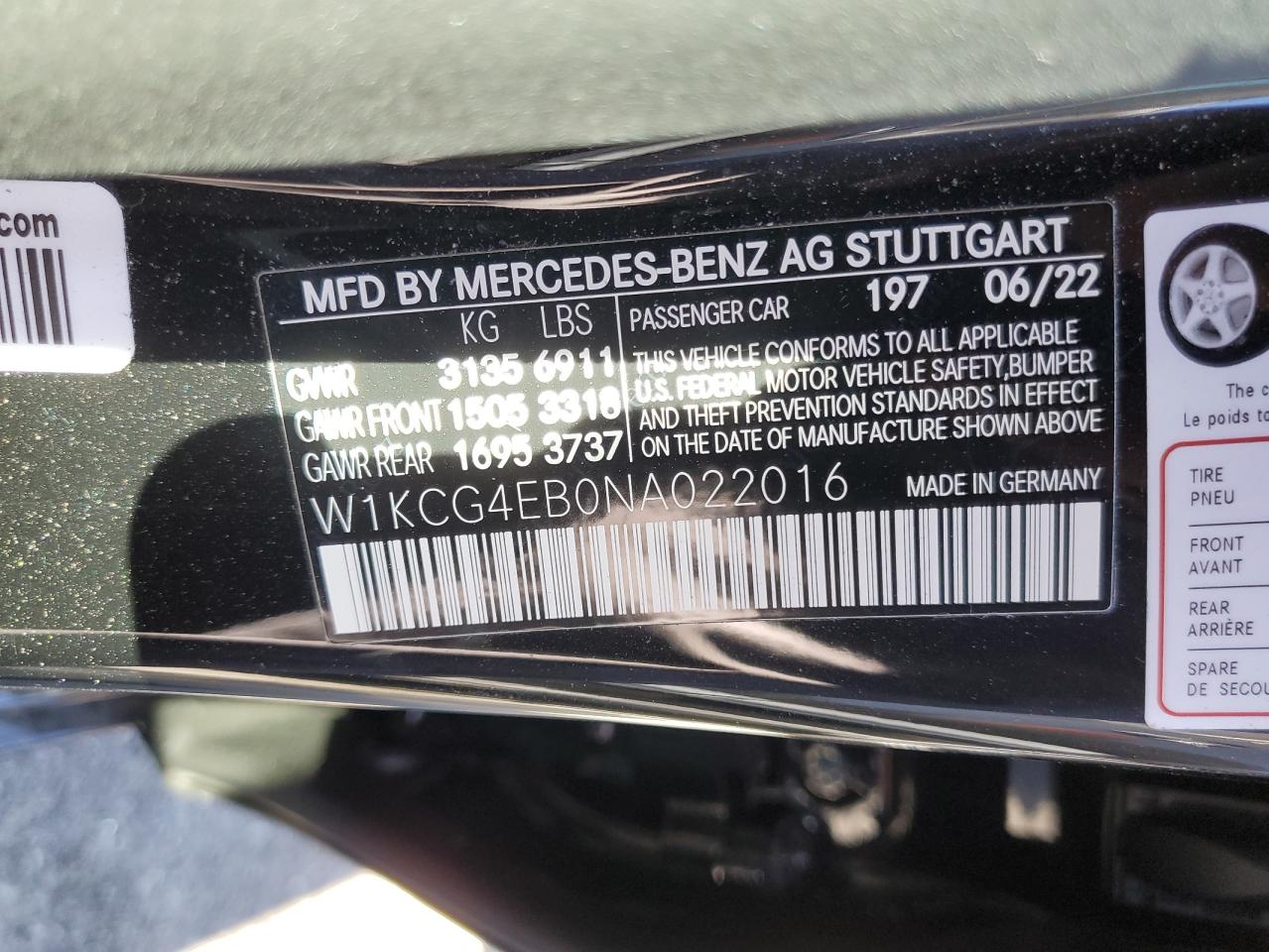 2022 MERCEDES-BENZ EQS SEDAN 580 4MATIC VIN:W1KCG4EB0NA022016