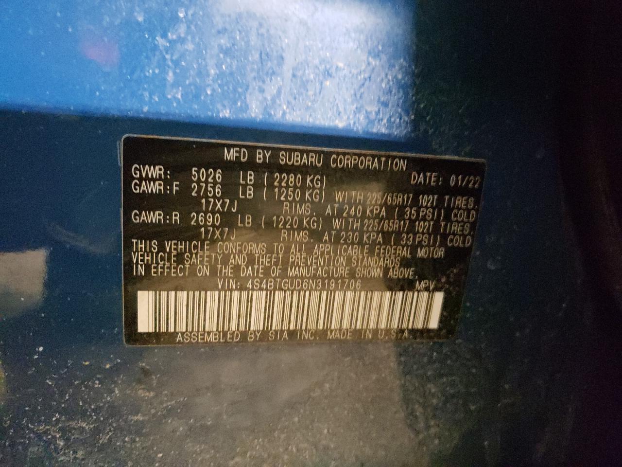 2022 SUBARU OUTBACK WILDERNESS VIN:4S4BTGUD6N3191706