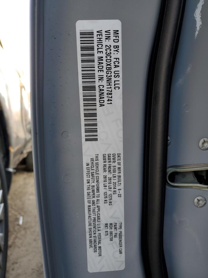 2022 DODGE CHARGER SXT VIN:2C3CDXBG3NH178741