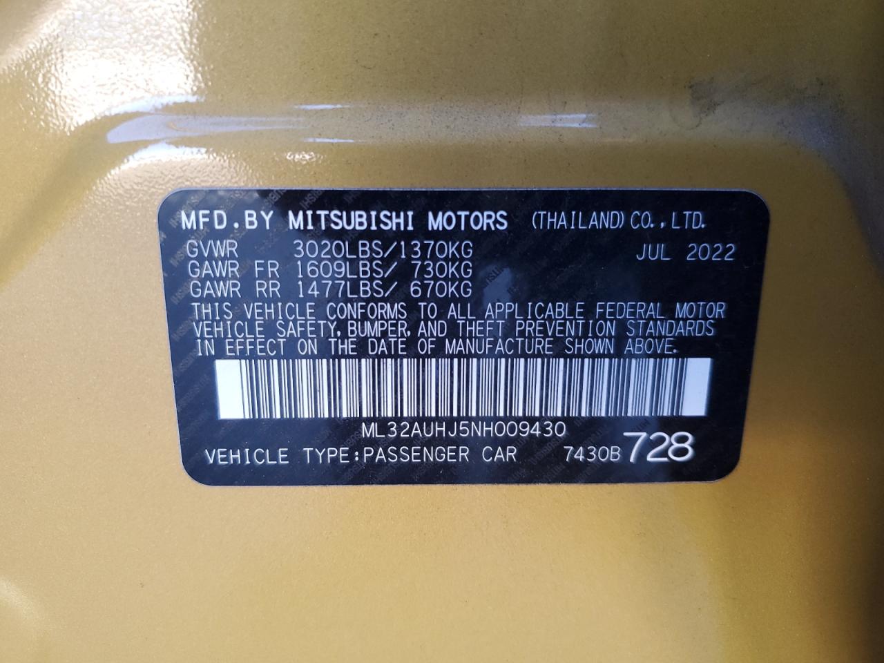 2022 MITSUBISHI MIRAGE ES VIN:ML32AUHJ5NH009430