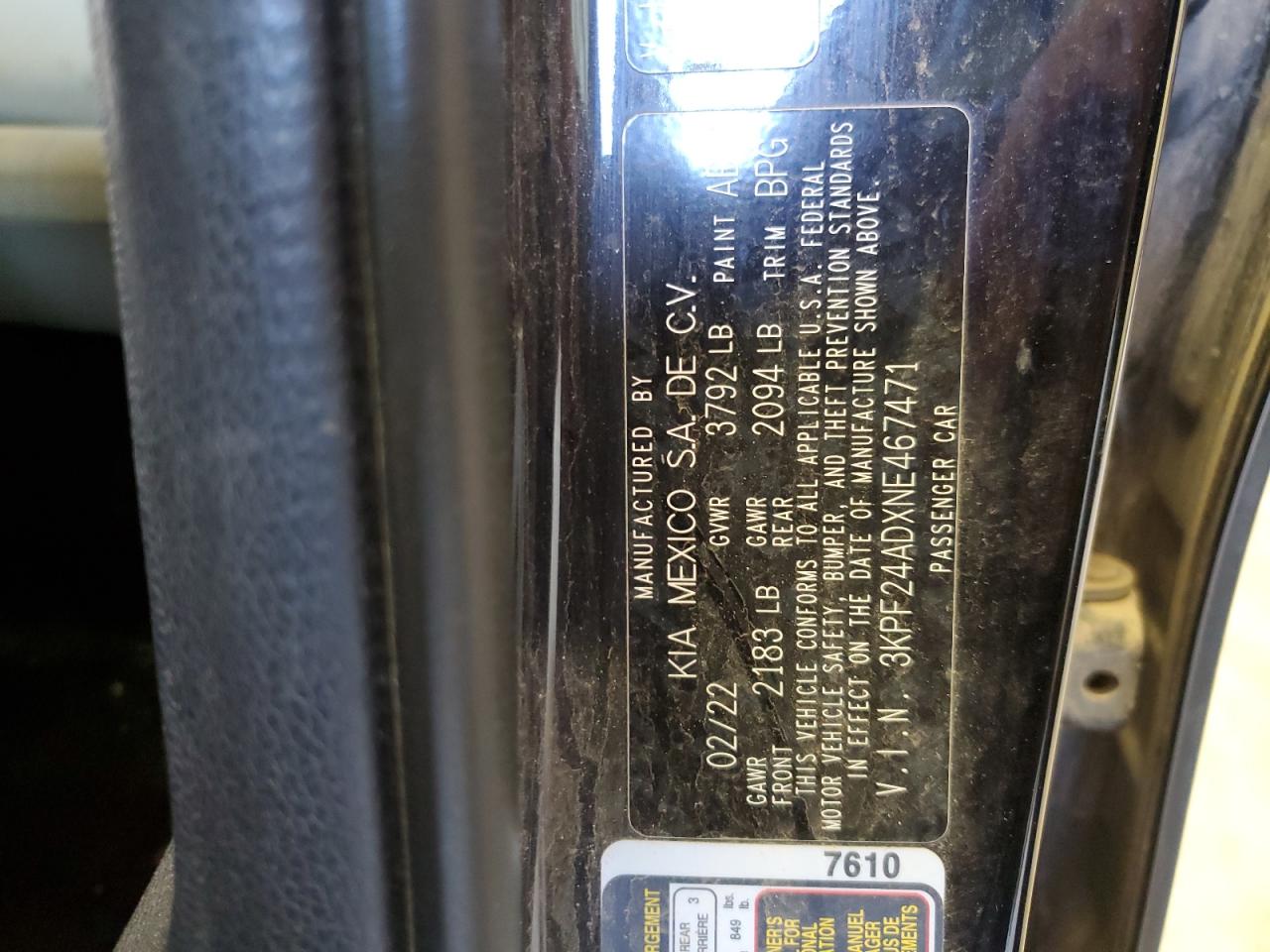 2022 KIA FORTE FE VIN:3KPF24ADXNE467471