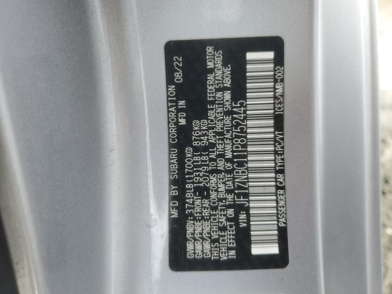 2023 TOYOTA GR 86  VIN:JF1ZNBC11P8752445