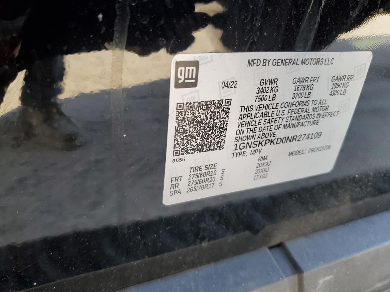 2022 CHEVROLET TAHOE K1500 Z71 VIN:1GNSKPKD0NR274109