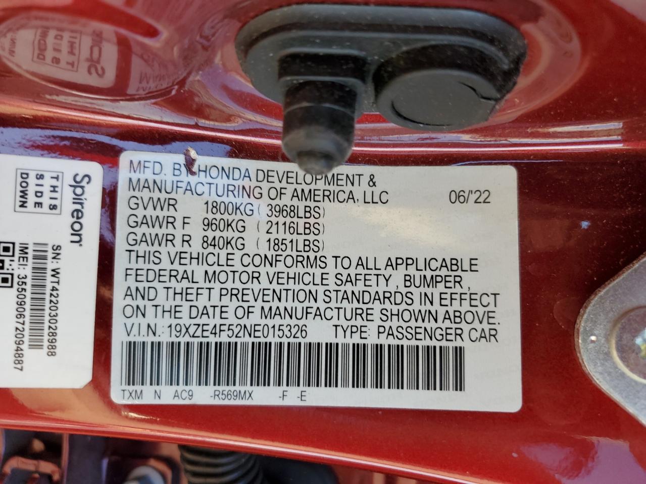 2022 HONDA INSIGHT EX VIN:19XZE4F52NE015326