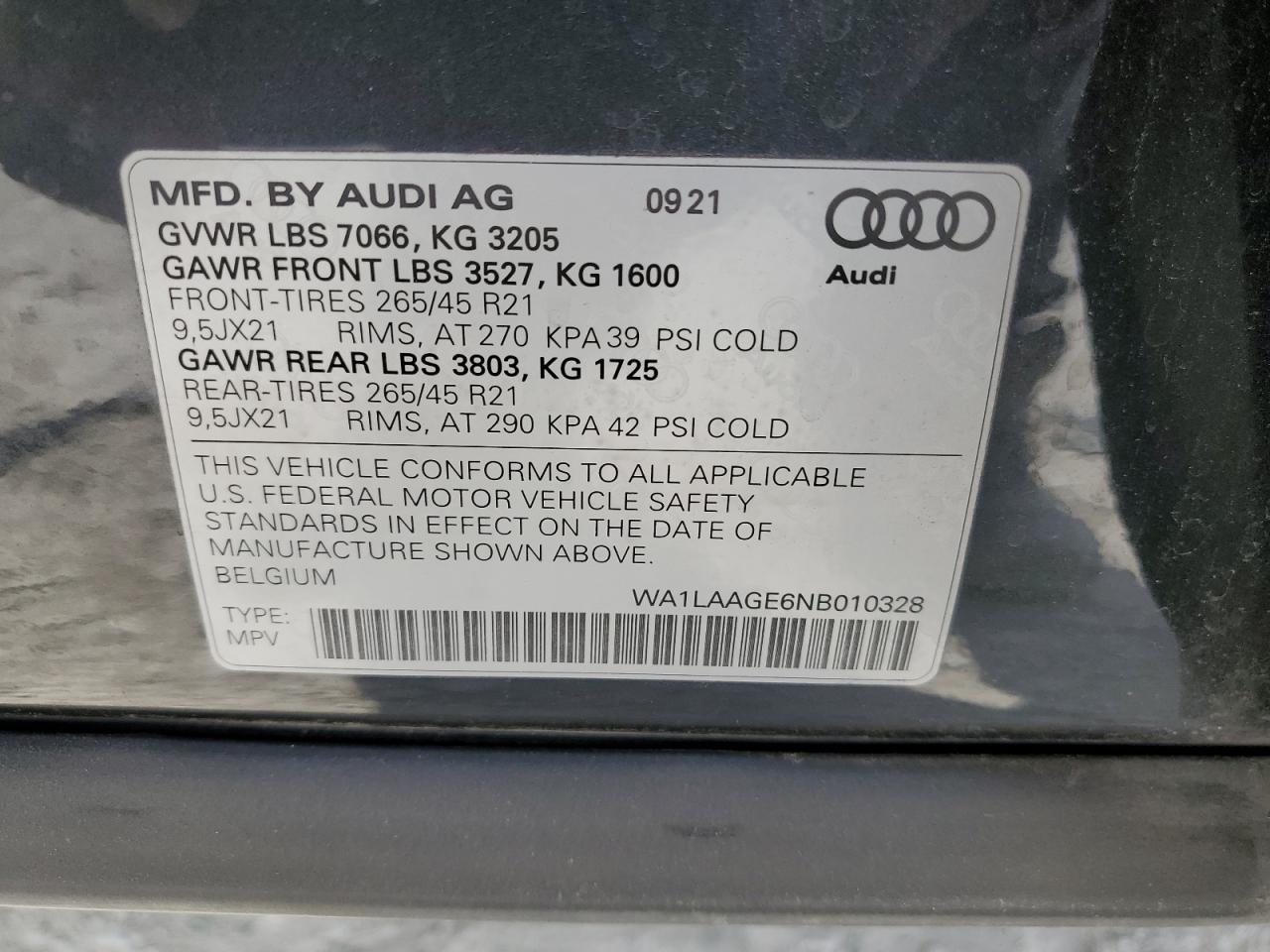 2022 AUDI E-TRON PREMIUM PLUS VIN:WA1LAAGE6NB010328