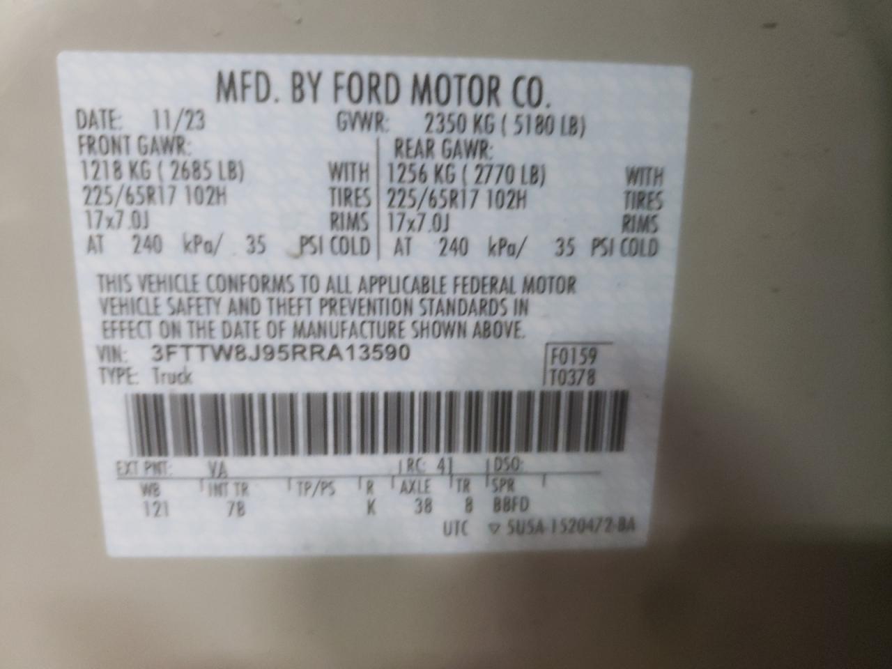 2024 FORD MAVERICK XLT VIN:3FTTW8J95RRA13590