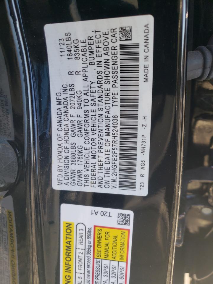 2024 HONDA CIVIC SPORT VIN:2HGFE2F57RH524038