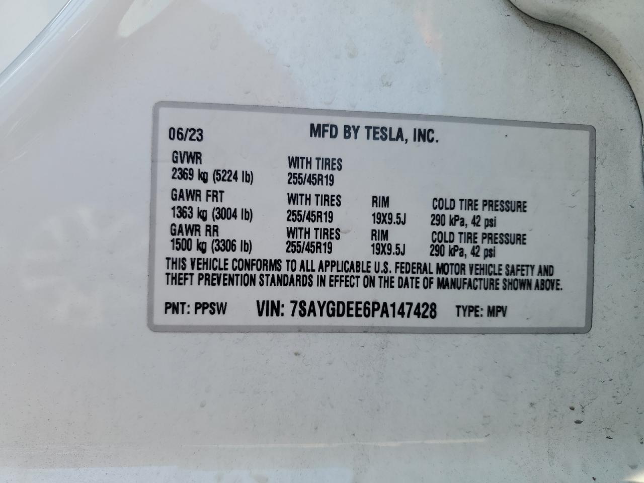 2023 TESLA MODEL Y  VIN:7SAYGDEE6PA147428