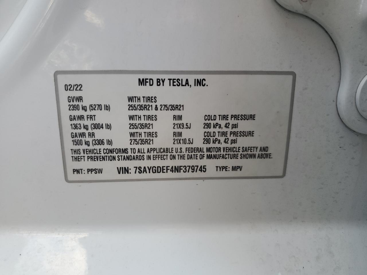 2022 TESLA MODEL Y  VIN:7SAYGDEF4NF379745