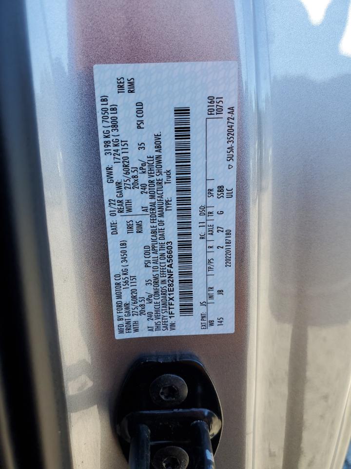 2022 FORD F150 SUPER CAB VIN:1FTFX1E82NFA56603