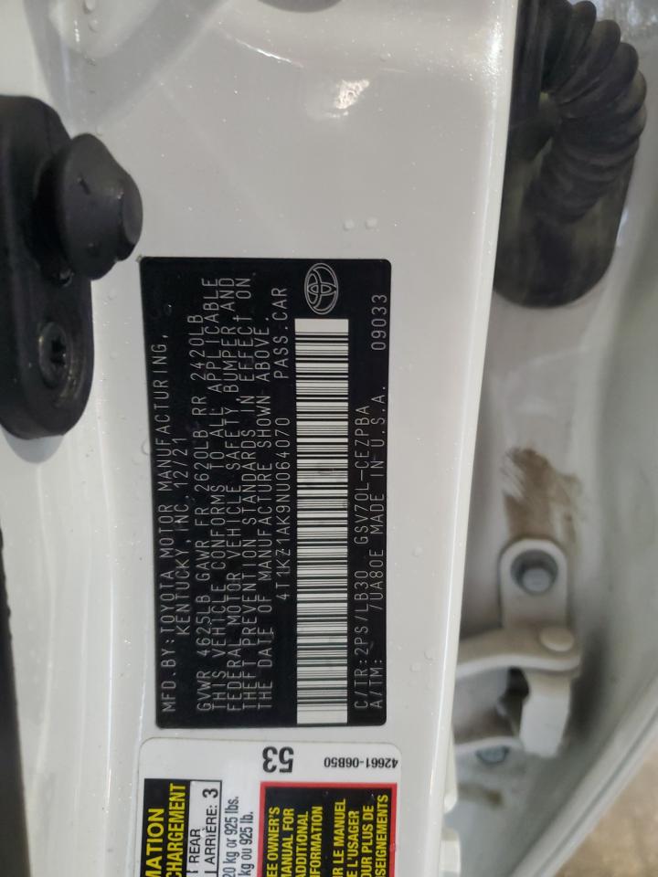 2022 TOYOTA CAMRY TRD VIN:4T1KZ1AK9NU064070