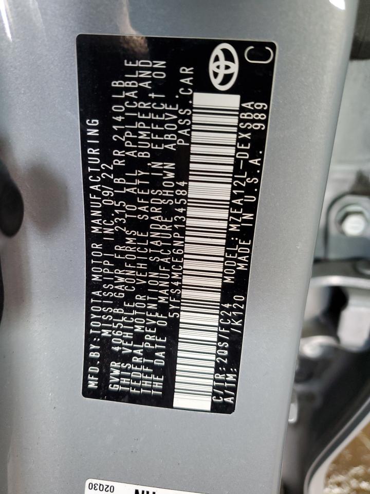 2022 TOYOTA COROLLA SE VIN:5YFS4MCE6NP134584