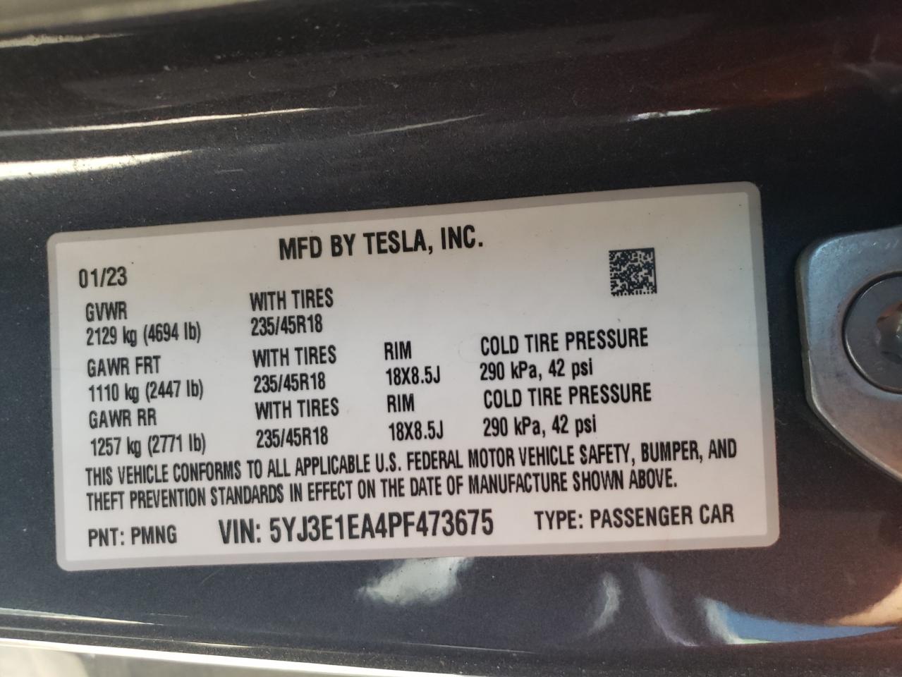 2023 TESLA MODEL 3  VIN:5YJ3E1EA4PF473675