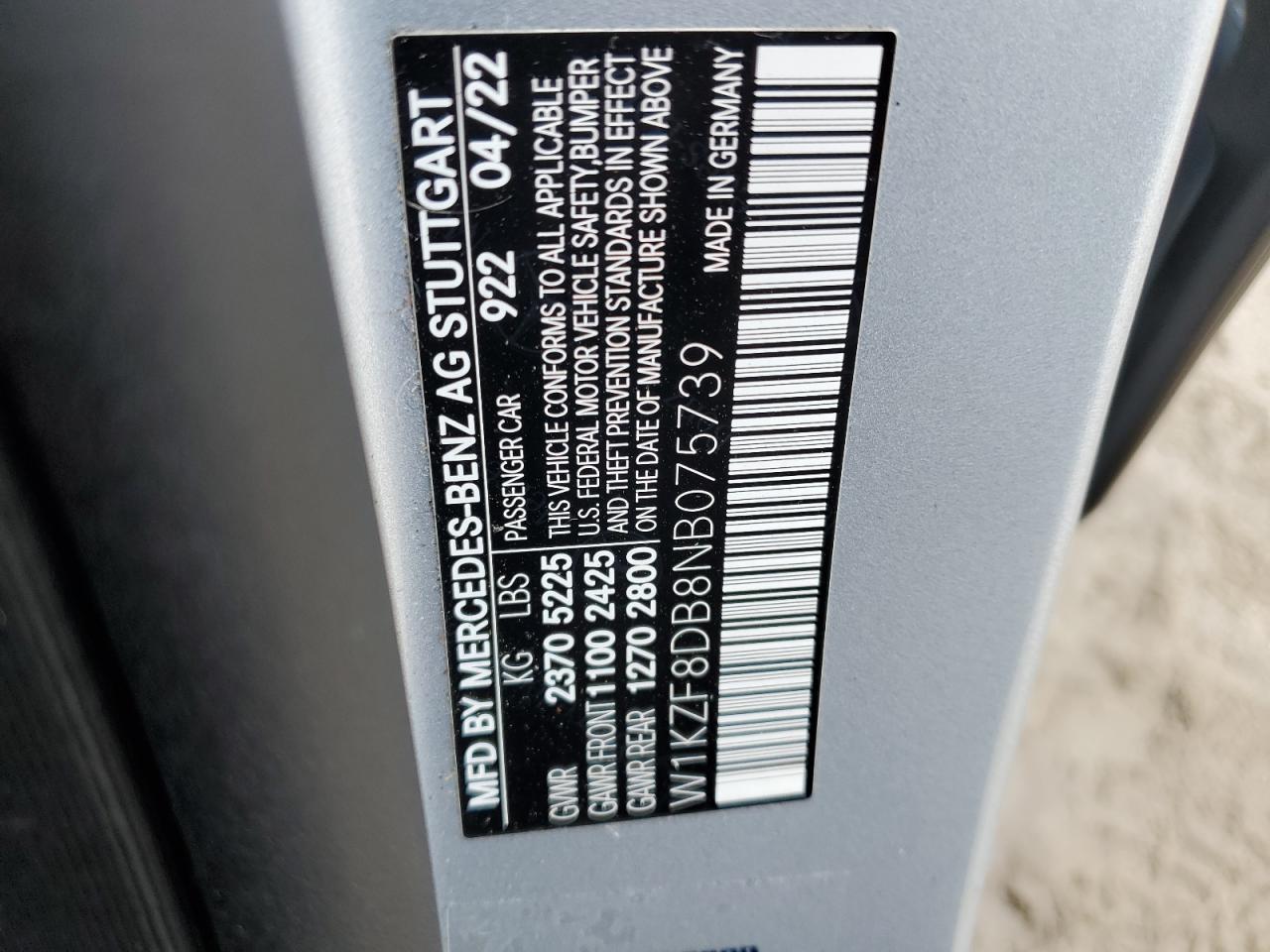 2022 MERCEDES-BENZ E 350 VIN:W1KZF8DB8NB075739