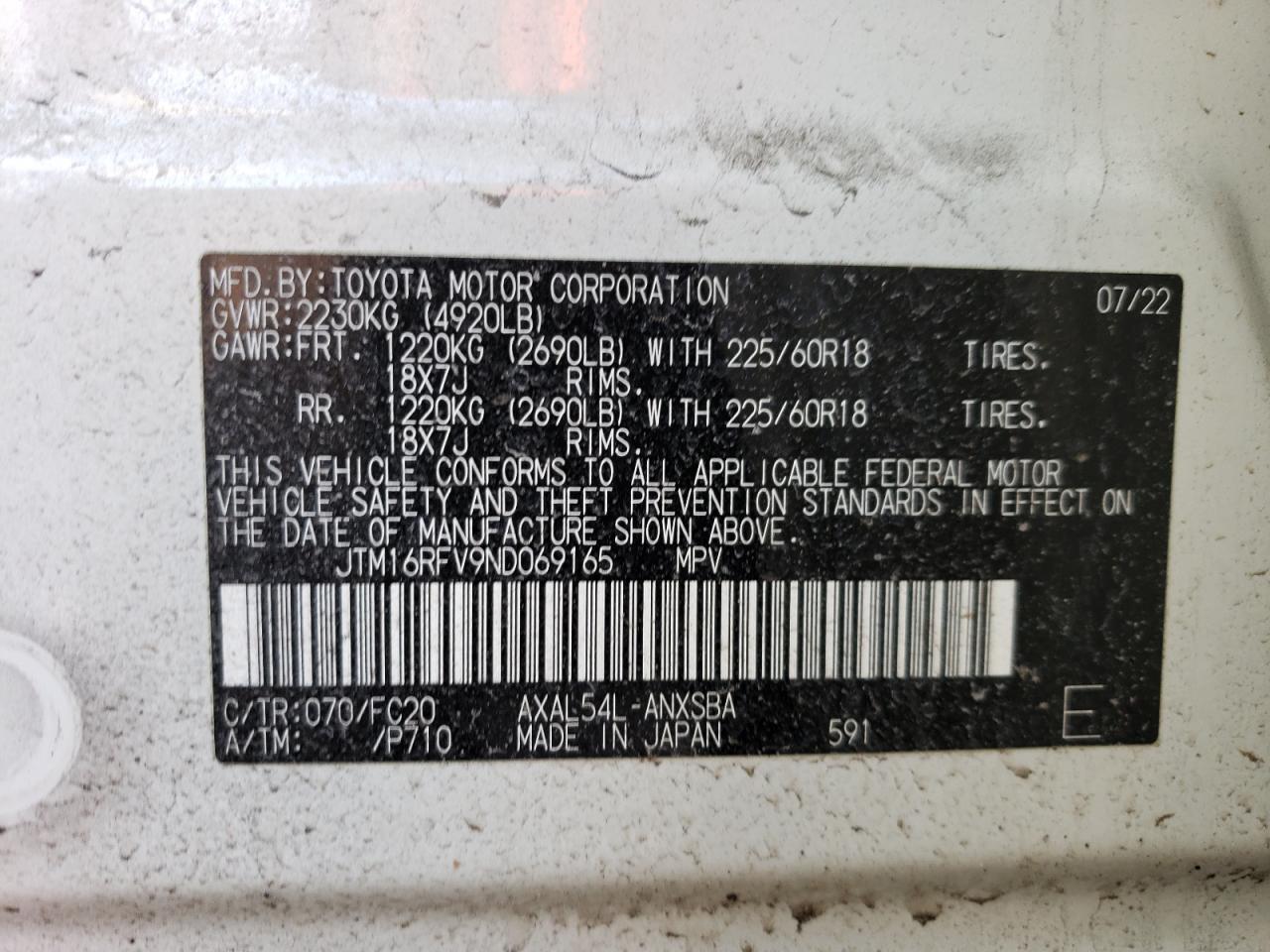 2022 TOYOTA RAV4 SE VIN:JTM16RFV9ND069165