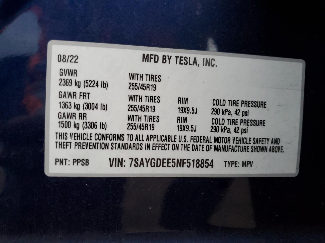 2022 TESLA MODEL Y  VIN:7SAYGDEE5NF518854