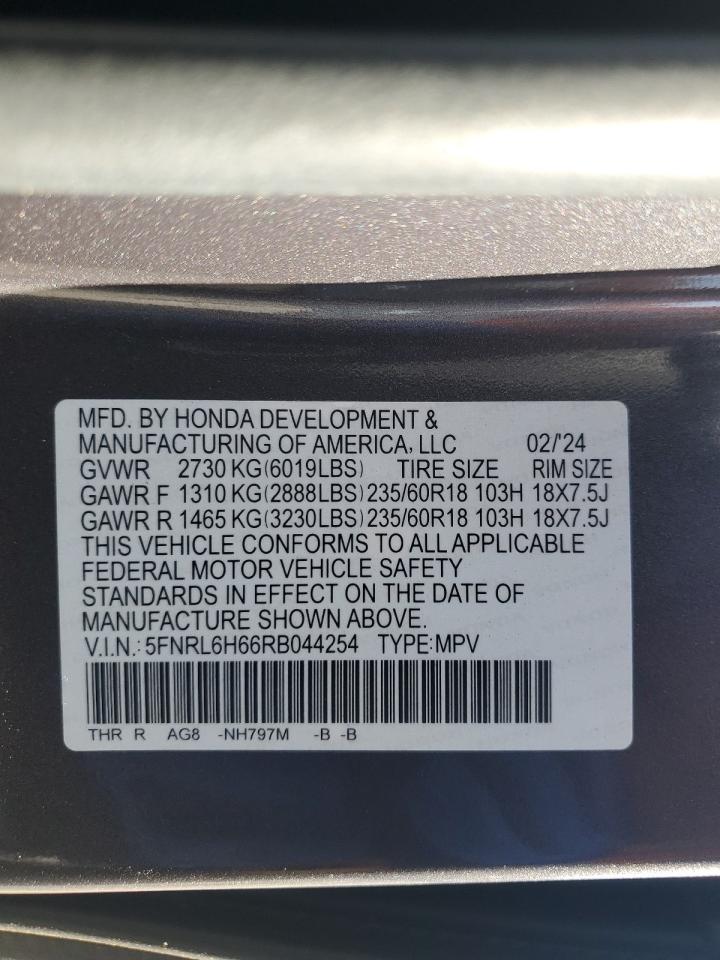 2024 HONDA ODYSSEY EXL VIN:5FNRL6H66RB044254