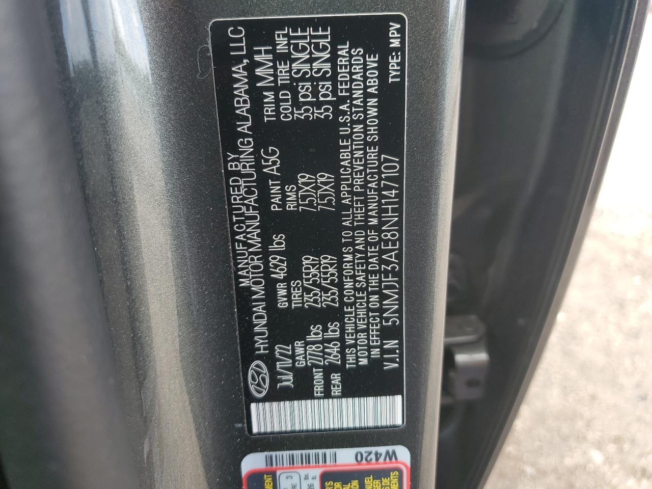 2022 HYUNDAI TUCSON SEL VIN:5NMJF3AE8NH147107