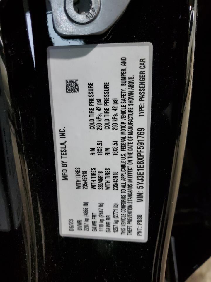 2023 TESLA MODEL 3  VIN:5YJ3E1EBXPF591769