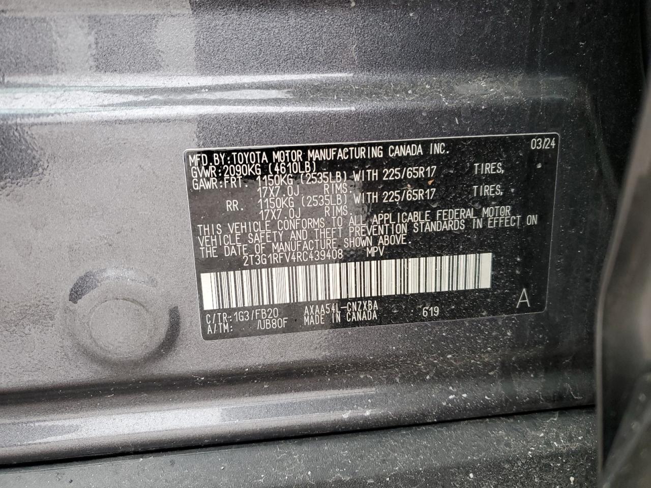 2024 TOYOTA RAV4 LE VIN:2T3G1RFV4RC439408