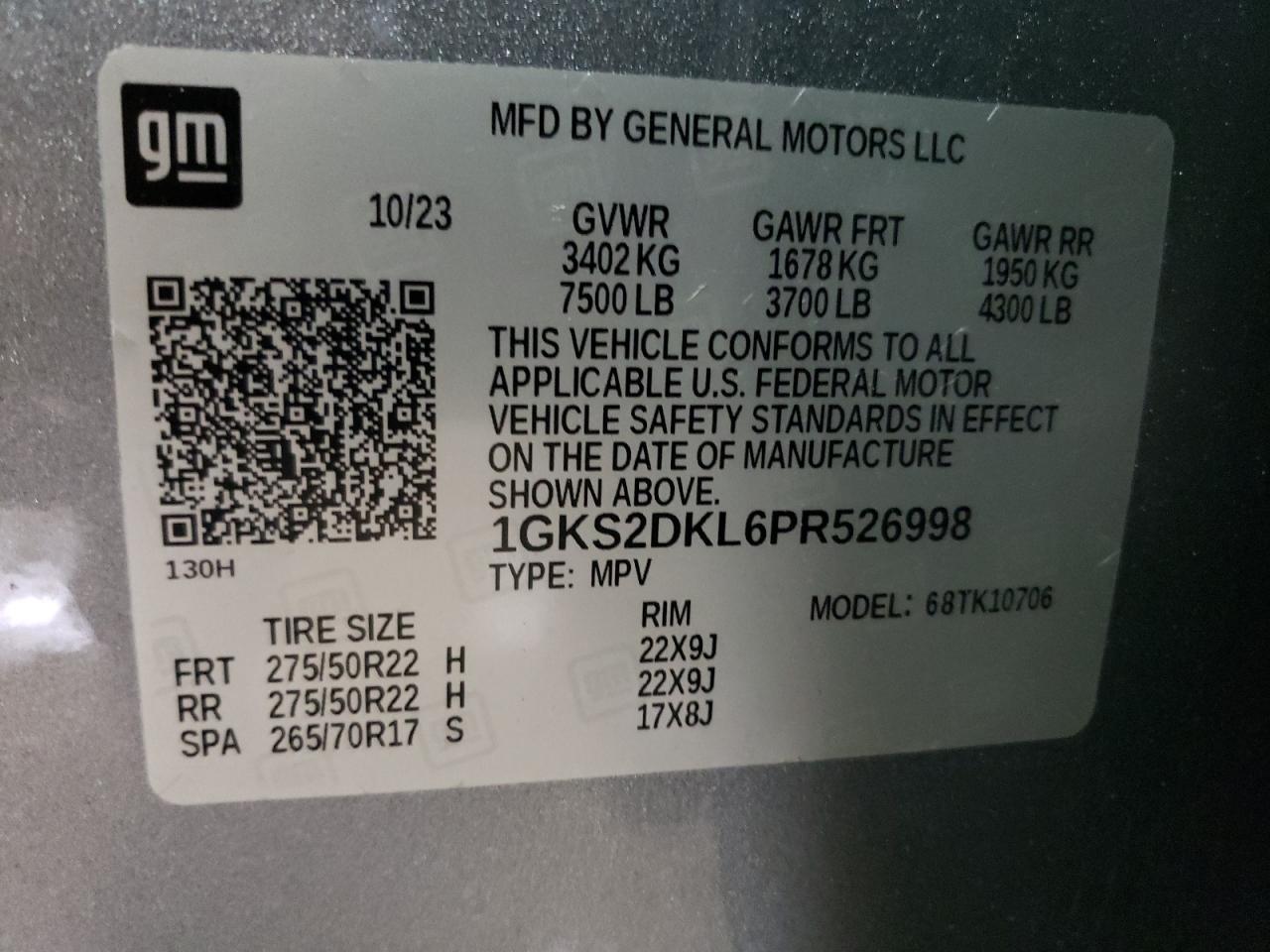 2023 GMC YUKON DENALI VIN:1GKS2DKL6PR526998