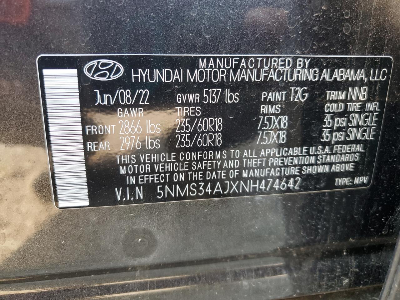 2022 HYUNDAI SANTA FE SEL VIN:5NMS34AJXNH474642