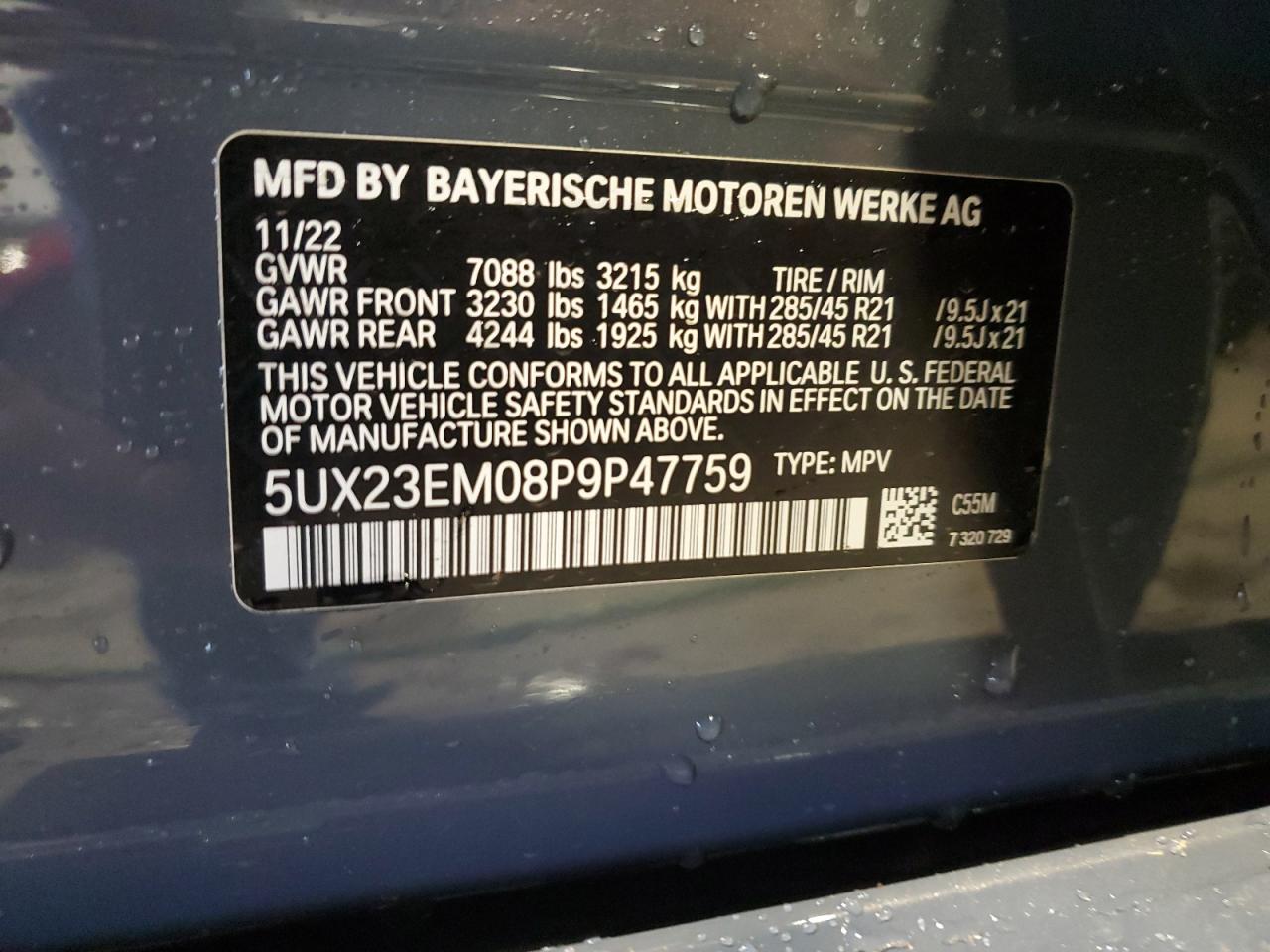 2023 BMW X7 XDRIVE40I VIN:5UX23EM08P9P47759