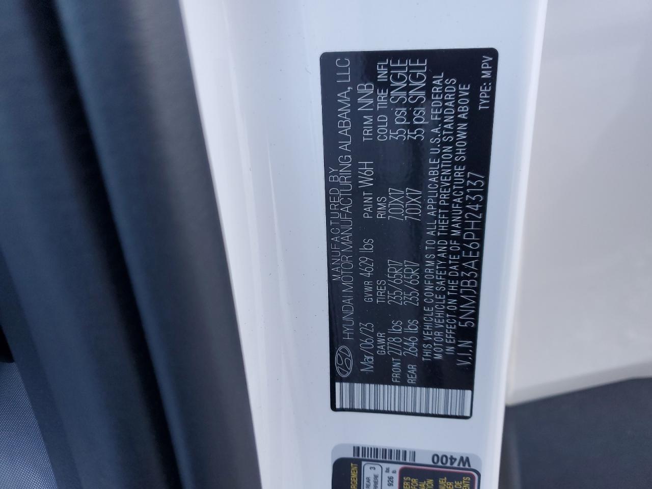 2023 HYUNDAI TUCSON SEL VIN:5NMJB3AE6PH243137
