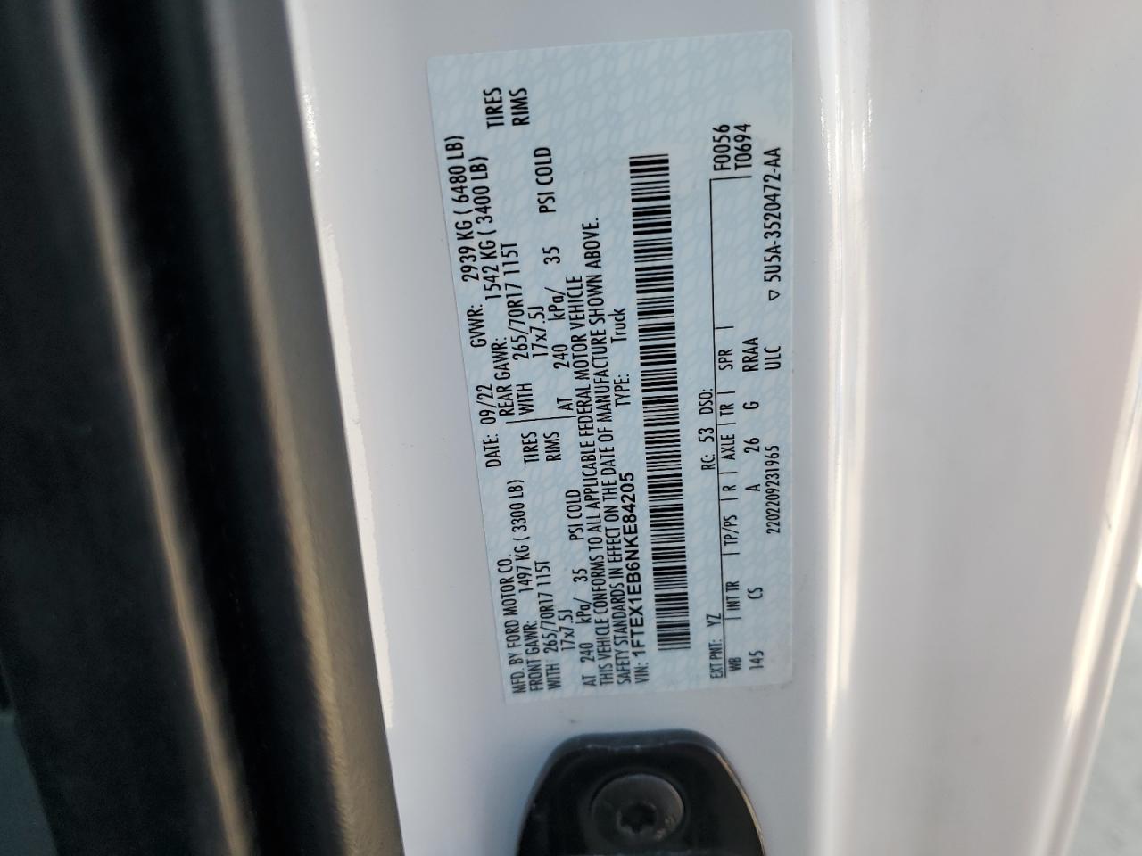 2022 FORD F150 SUPER CAB VIN:1FTEX1EB6NKE84205