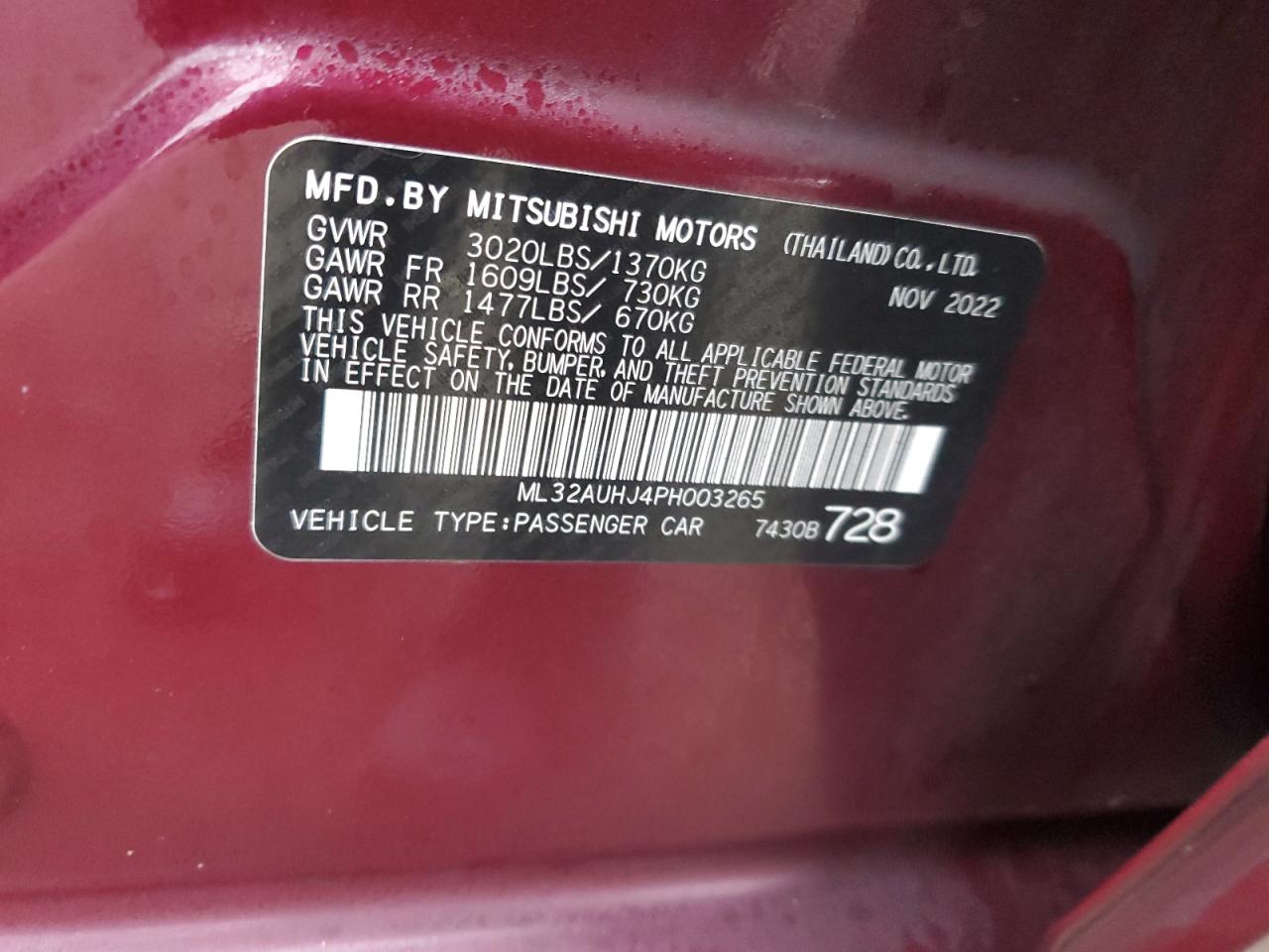 2023 MITSUBISHI MIRAGE ES VIN:ML32AUHJ4PH003265