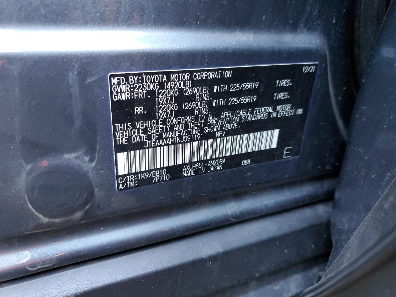 2022 TOYOTA VENZA LE VIN:JTEAAAAH1NJ091191