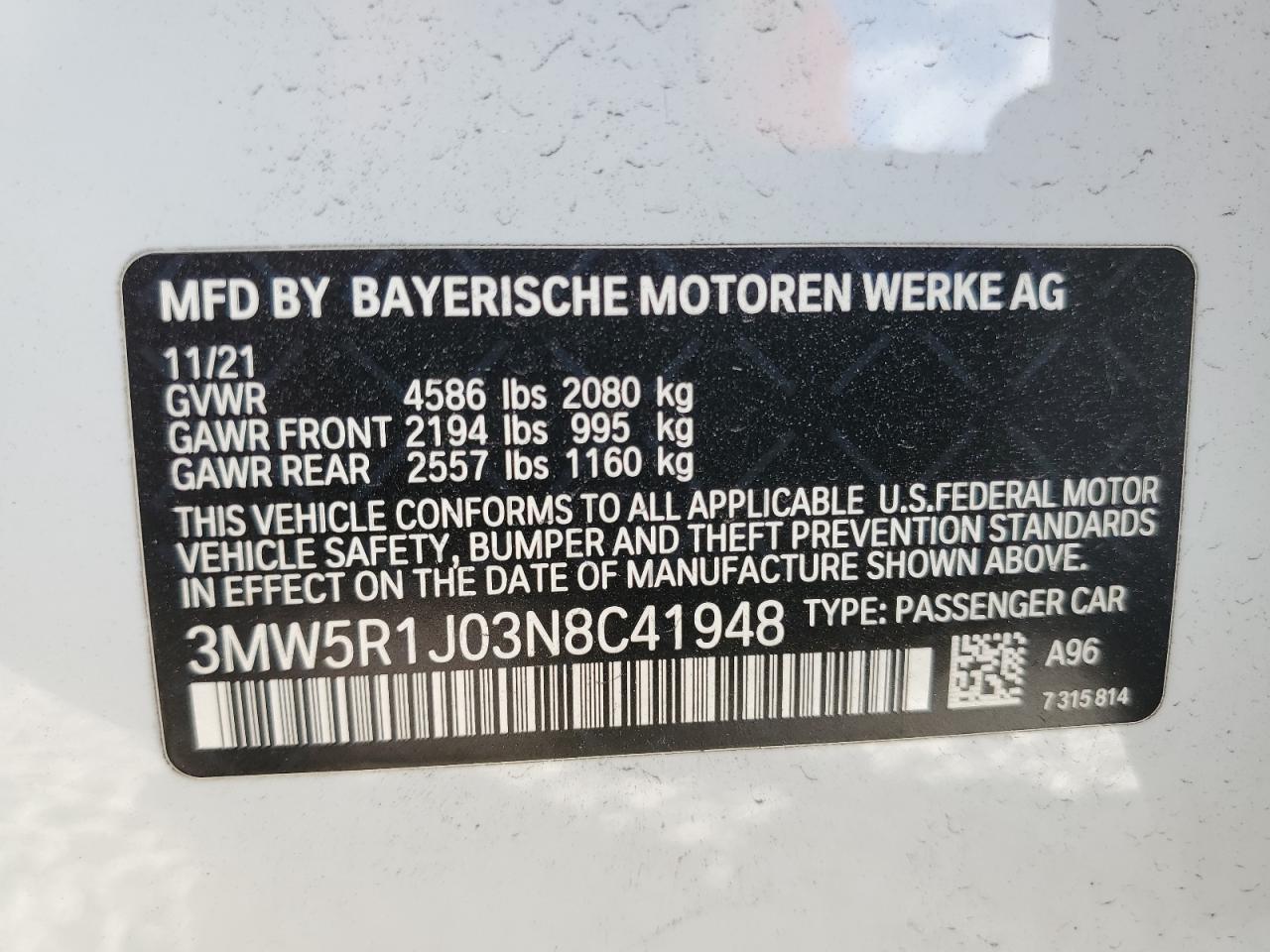 2022 BMW 330I  VIN:3MW5R1J03N8C41948