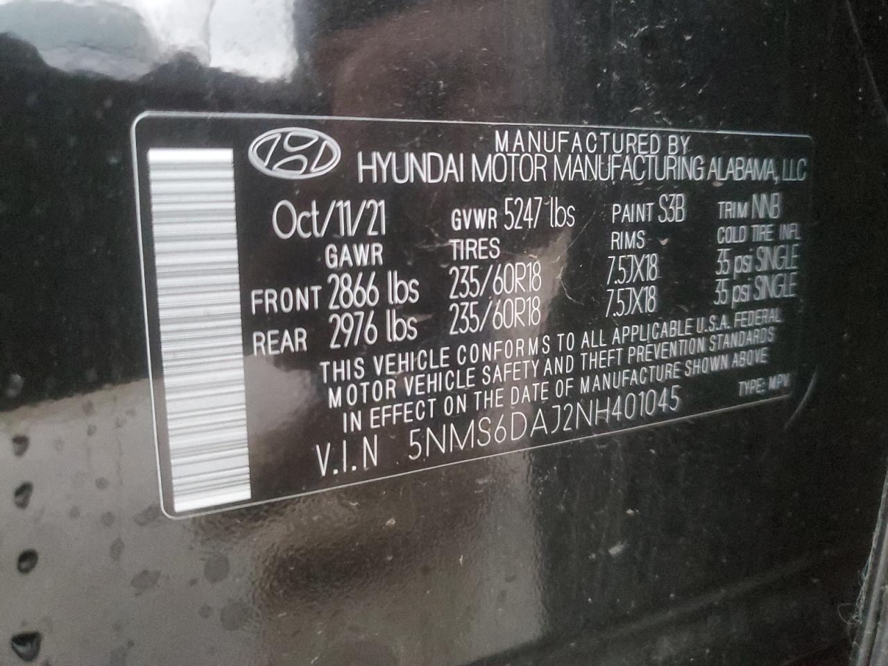 2022 HYUNDAI SANTA FE SEL VIN:5NMS6DAJ2NH401045