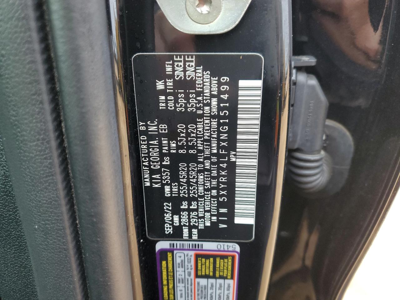 2022 KIA SORENTO SX VIN:5XYRK4LFXNG151499